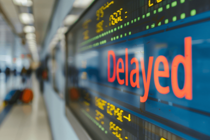 Flight delay sign at airport terminal