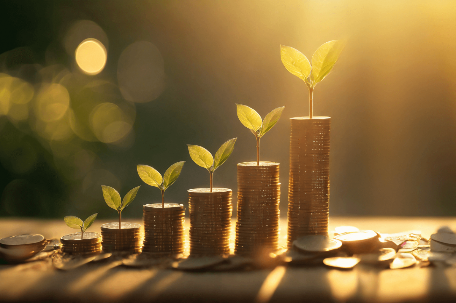 Stacks of coins with small plants growing on top, symbolizing financial growth