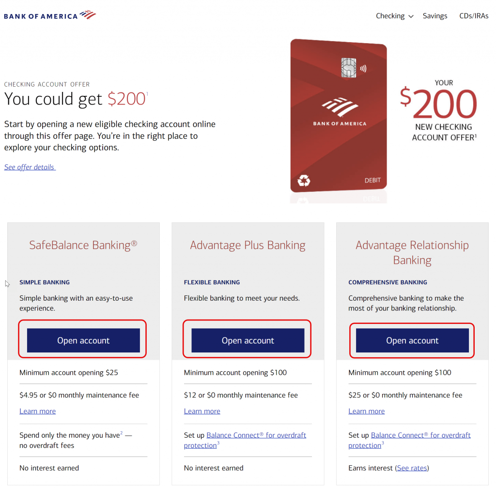 Screenshot of the selection page for different types of checking accounts.