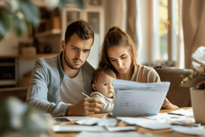 A young family reviewing financial documents and creating a debt repayment plan.