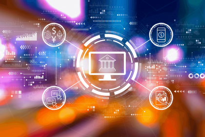 Digital finance represented by cryptocurrency symbols and mobile banking icons