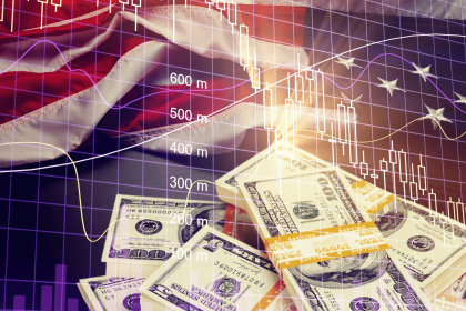 Financial market trends with US dollars and flag
