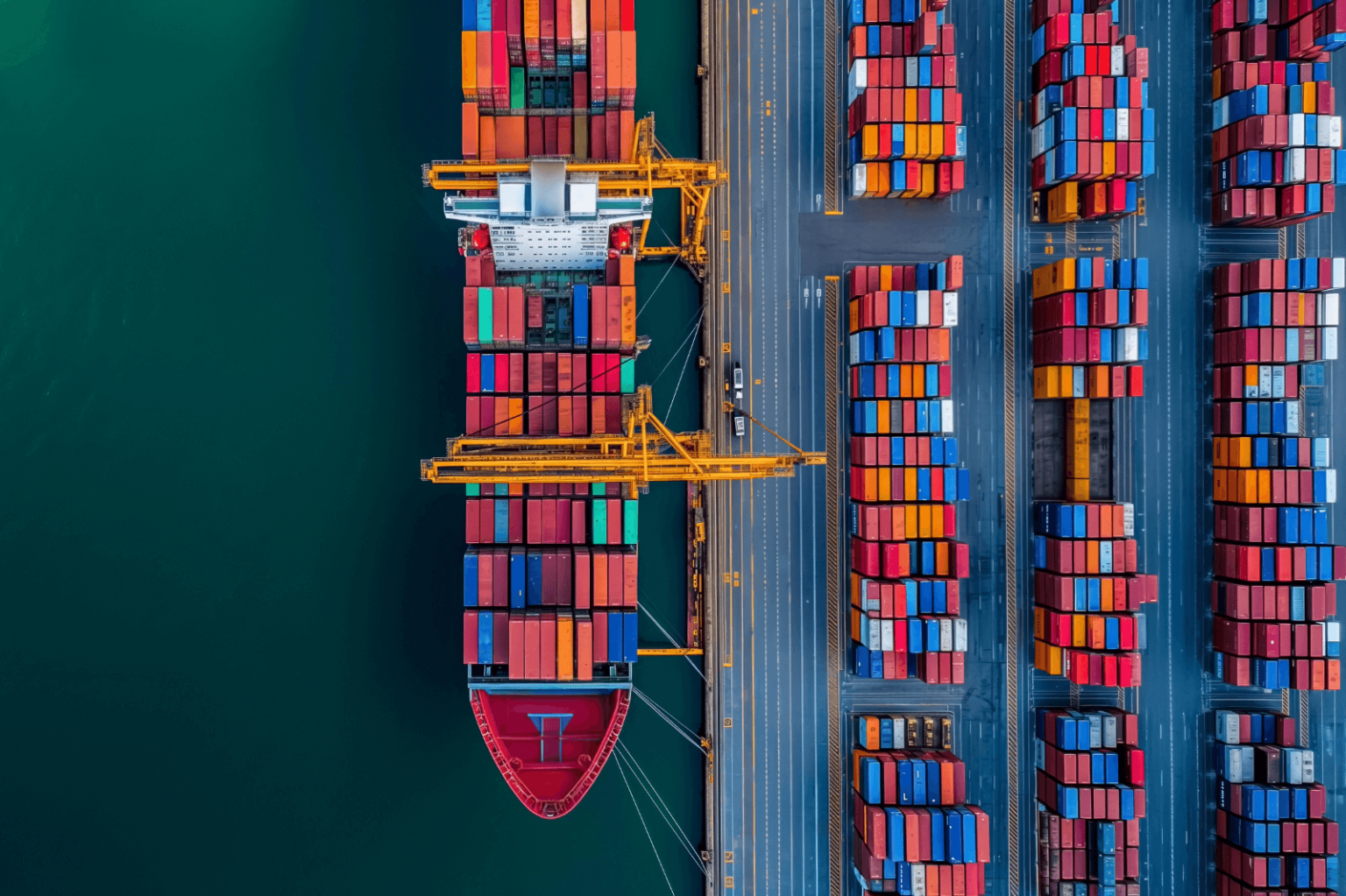 Aerial view of a cargo ship docked at a port with colorful containers