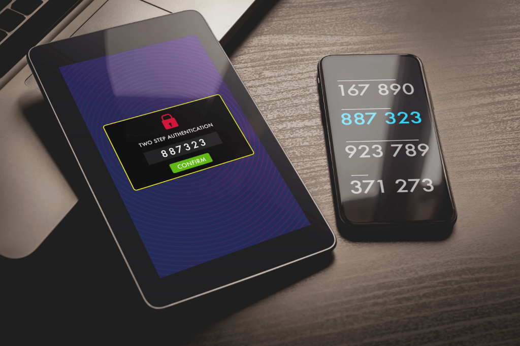 Two-step authentication screen on a tablet and smartphone