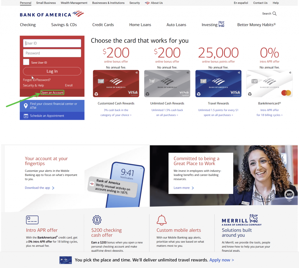 Screenshot of the Bank of America homepage with the "Open an Account" button highlighted.