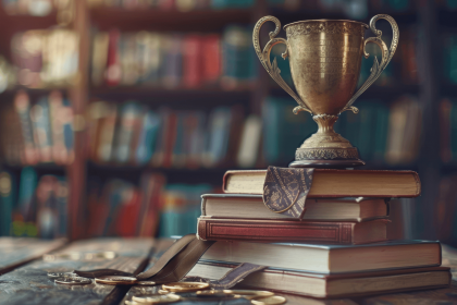 A trophy placed on a stack of books in a library, symbolizing academic excellence and achievement.