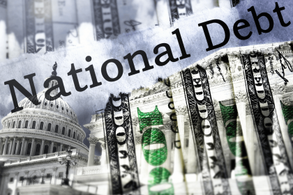 Image depicting the U.S. Capitol and dollar bills with the text National Debt