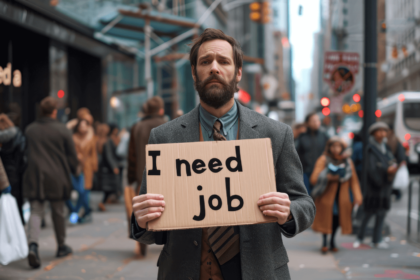 Man holding a sign that says I need job in a busy city street.