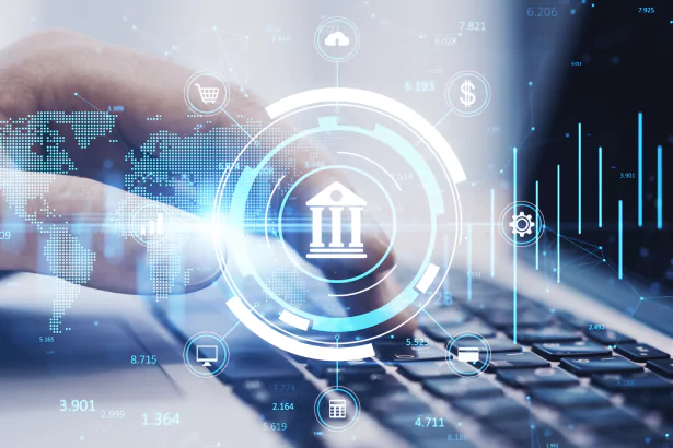 Online banking features interface on a laptop and mobile phone