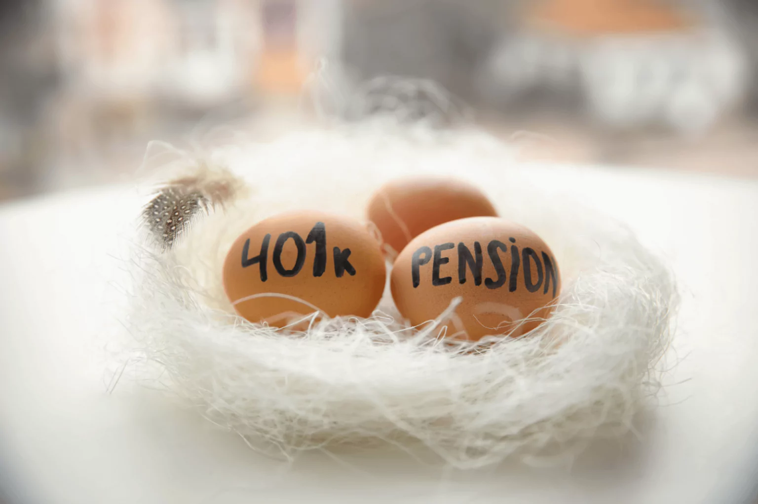 Eggs labeled 401(k) and Pension in a nest