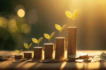 Stacks of coins with small plants growing on top, symbolizing financial growth
