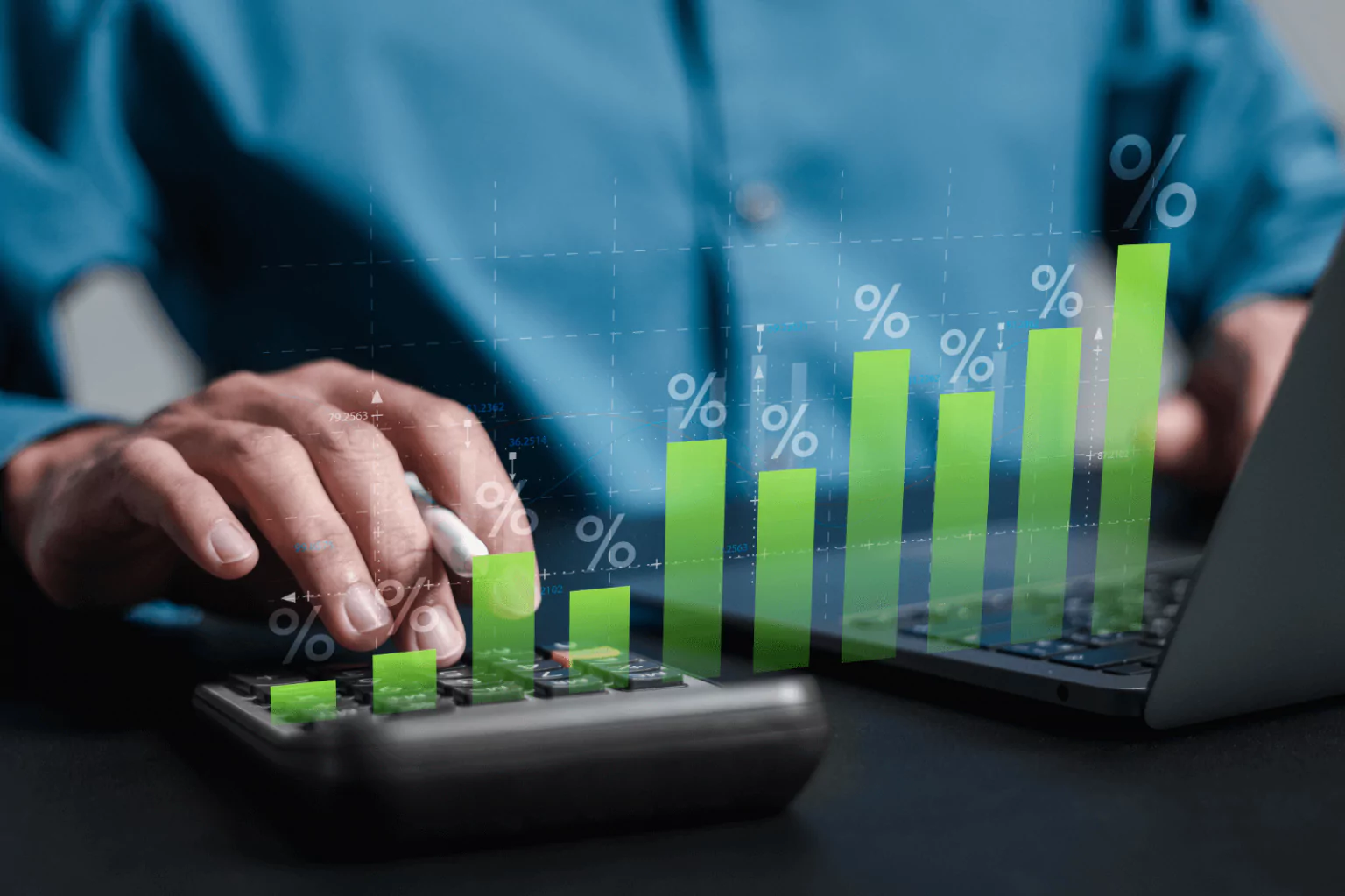 Person using a calculator with a bar graph showing rising percentages, representing the Consumer Expectations Survey for May 2024