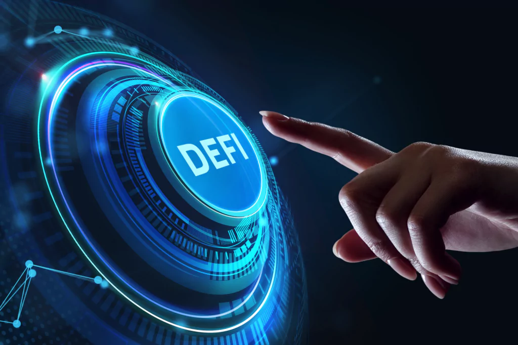 Illustration of a person interacting with a DeFi button