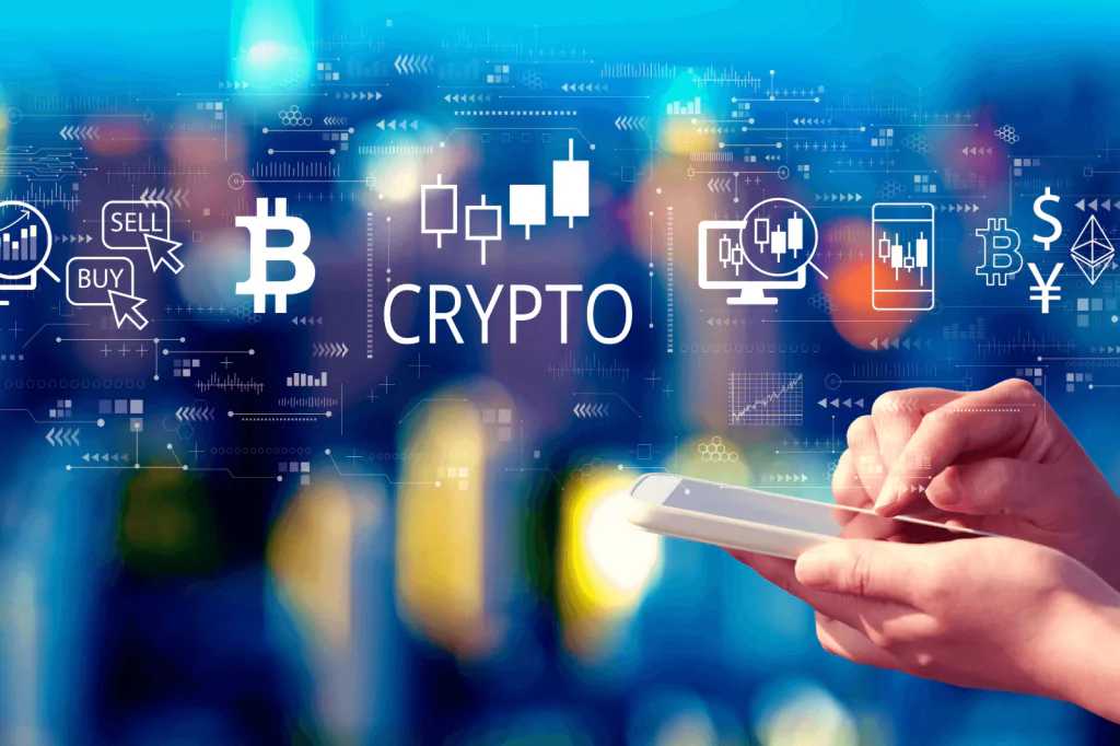 Person using a smartphone for cryptocurrency transactions with digital symbols