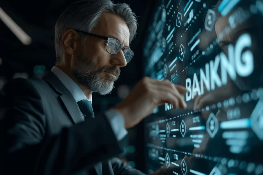 Financial advisor interacting with a high-tech digital banking interface.