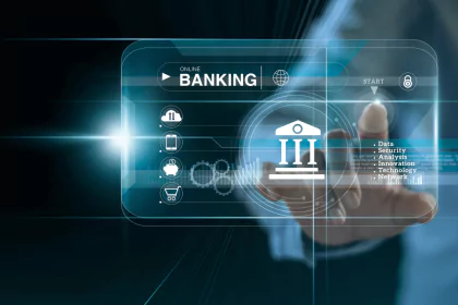 Person using a laptop for online banking with a digital interface overlay