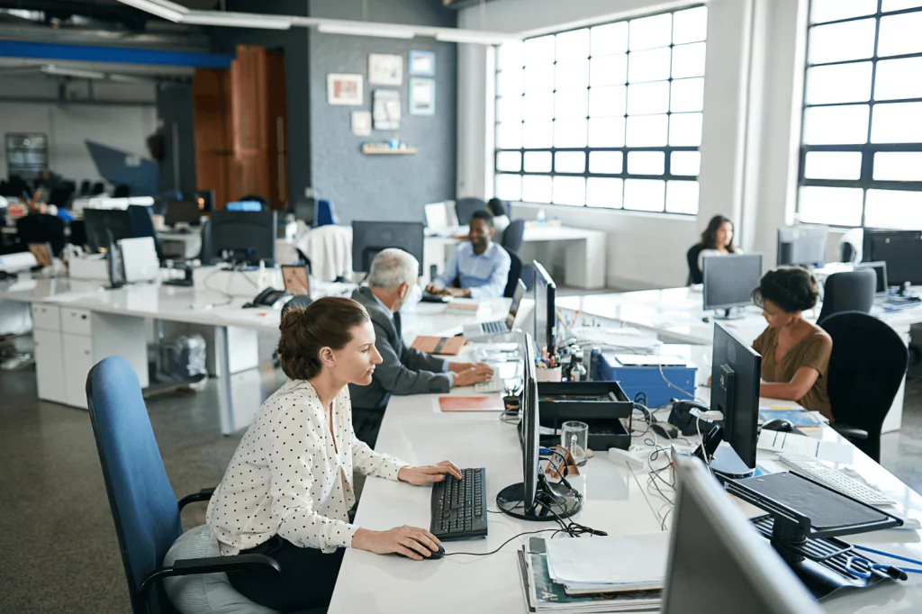 Modern office space with employees working