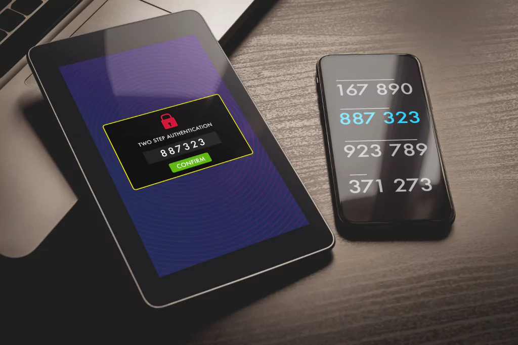 Two-step authentication screen on a tablet and smartphone