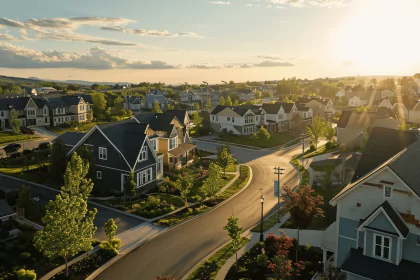 Aerial view of a suburban neighborhood illustrating real estate market trends and strategies for buying, renting, and investing.