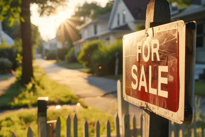 For sale sign in front of a house in a sunny neighborhood