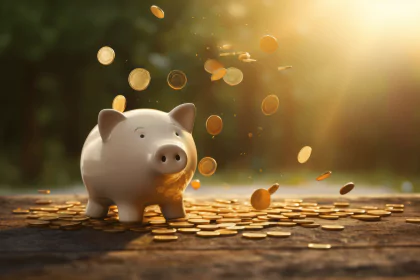 Piggy bank surrounded by falling coins symbolizing economic stability and debt management.