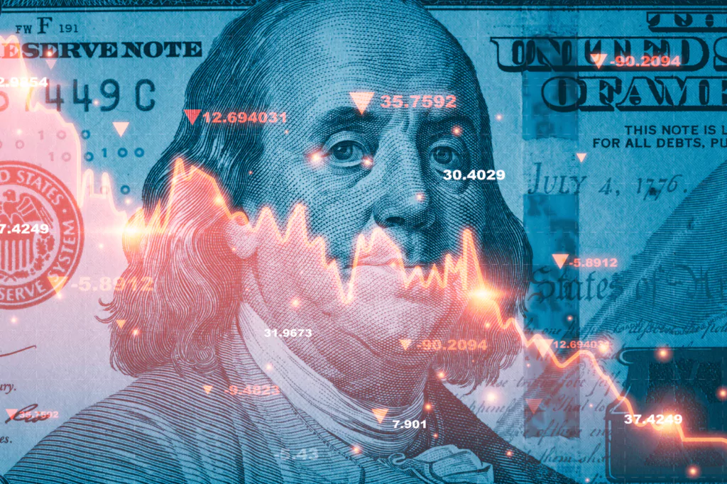 The U.S. dollar bill is displayed with a stock market chart that is going down.