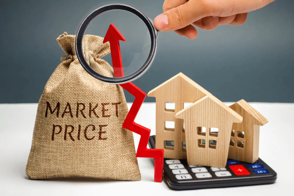 A bag labeled 'Market Price' with a rising arrow and wooden house models